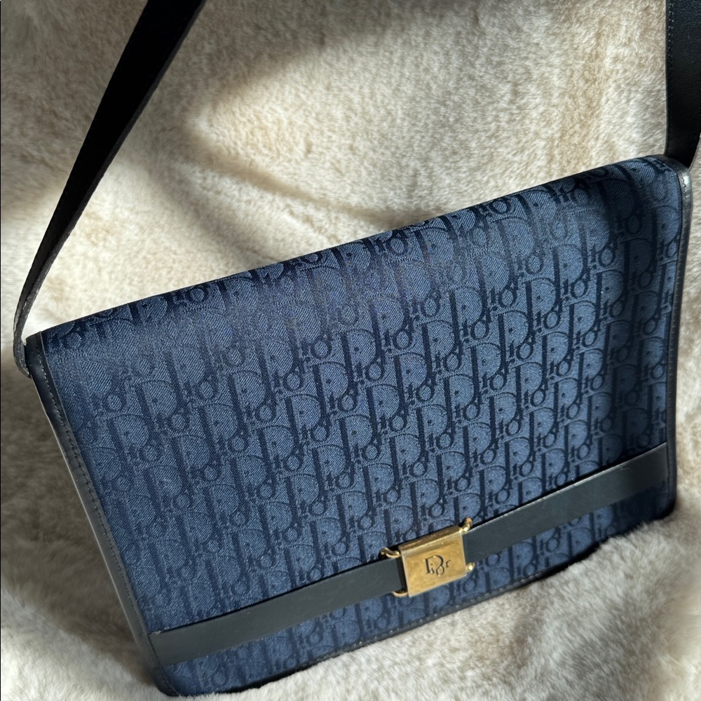 Dior Navy Blue Monogram Crossbody with Gold Hardware